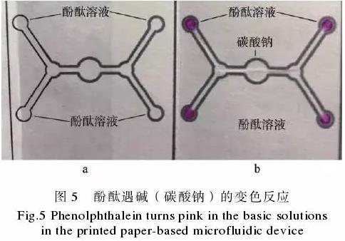 為了驗證紙包裝與紙基微流控芯片的整合技術(shù)，在紙盒的4個體板上分別制作了4個微流控芯片，該紙基芯片在pH值檢測中的應用示例見圖5。